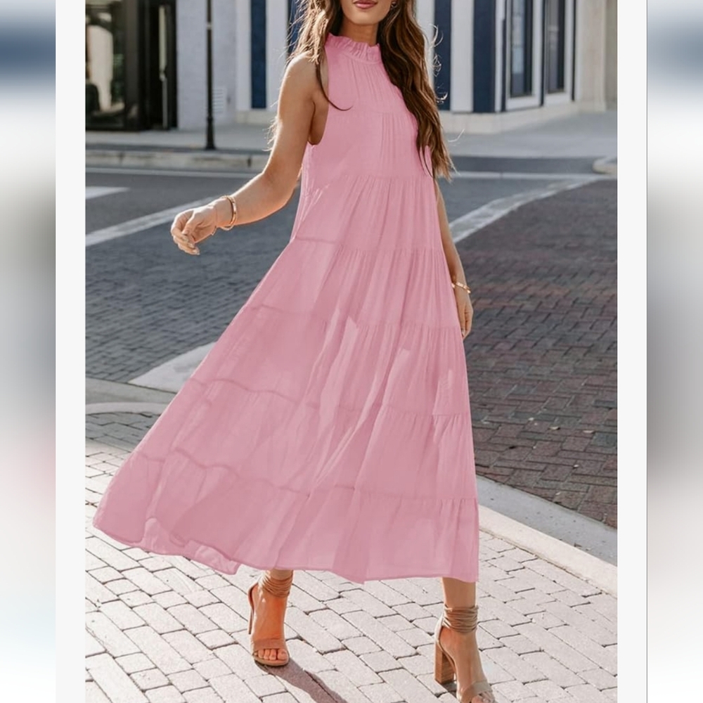 Entro, Pink Tiered Halter Maxi Dress, Large - Picture 2 of 16